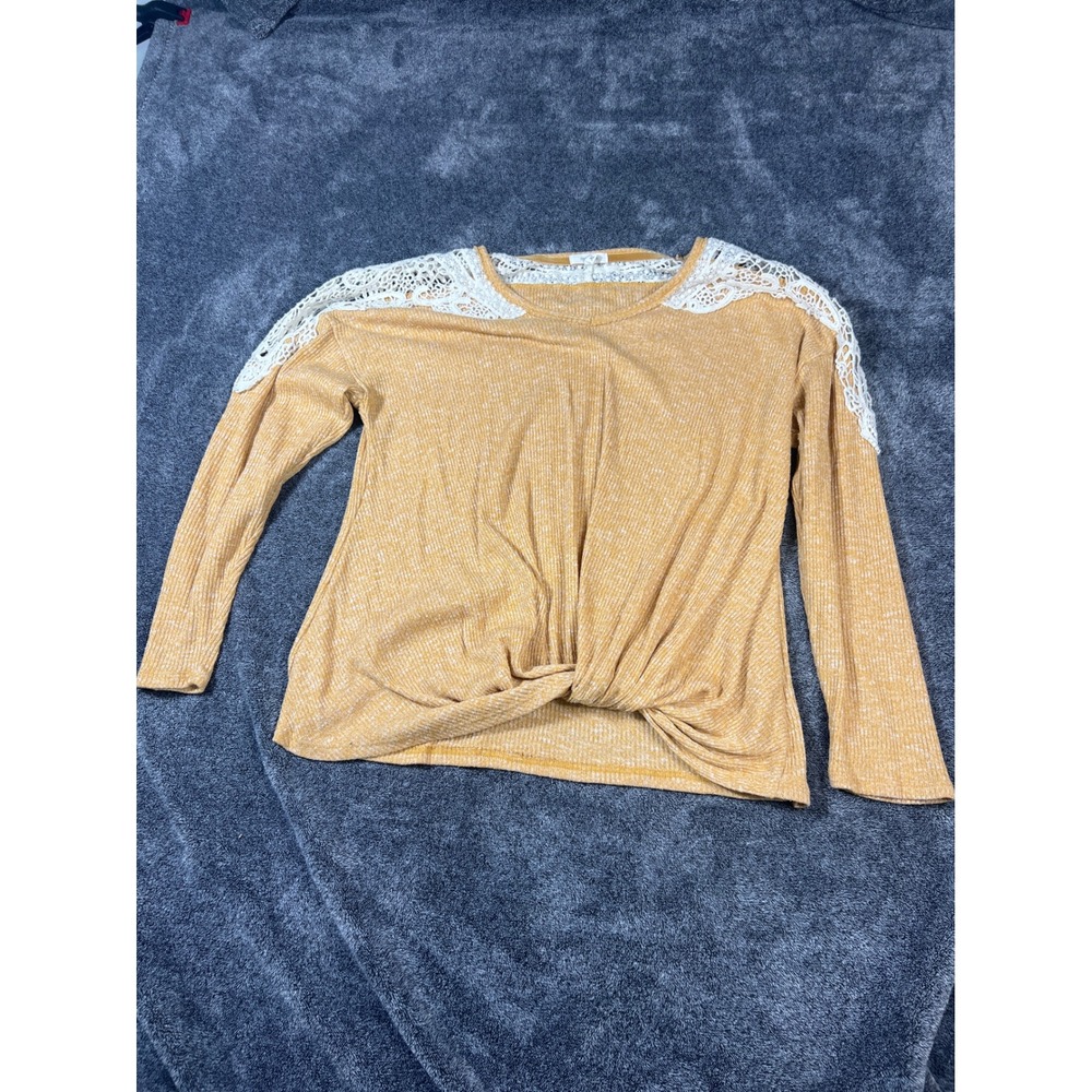 Maurices Mustard Yellow Crochet Lace Shoulder Twist Front Knit Top XL